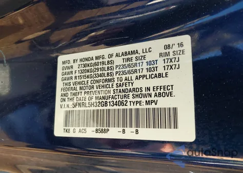 2016 Honda Odyssey Se from USA, damaged, VIN 5FNRL5H32GB134062